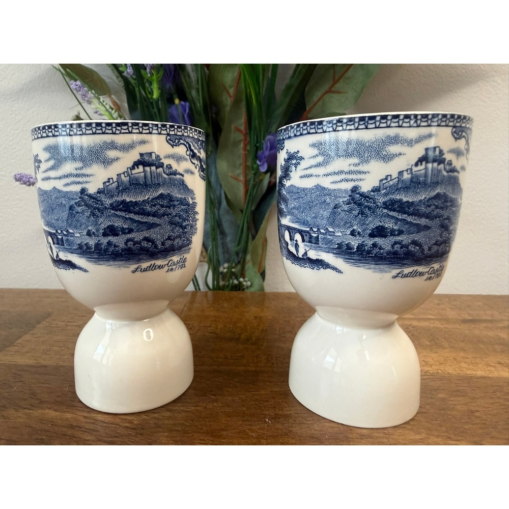 Vintage Johnson Brothers Blue Double‎ Egg Cups Ludlow & Nottingham Castle Set
